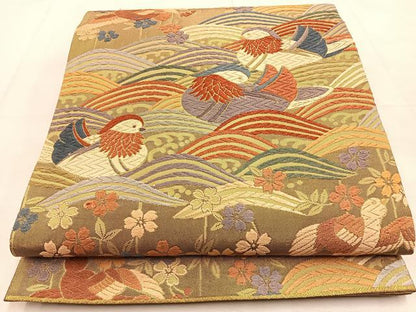 平和屋着物◎六通柄袋帯　唐織　鴛鴦花文　金糸　正絹　逸品　BAAU3315hj