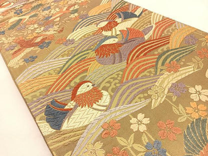 平和屋着物◎六通柄袋帯　唐織　鴛鴦花文　金糸　正絹　逸品　BAAU3315hj