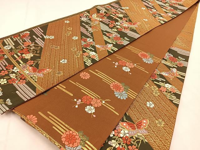 平和屋着物◎六通柄袋帯　唐織　花蝶文　金糸　正絹　逸品　BAAU3317hj