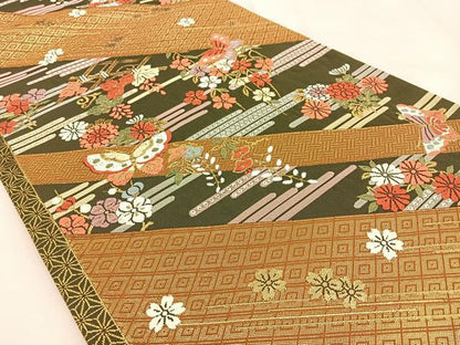平和屋着物◎六通柄袋帯　唐織　花蝶文　金糸　正絹　逸品　BAAU3317hj