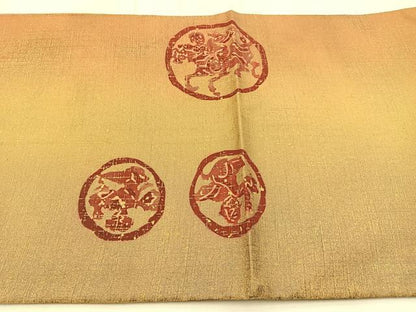 平和屋着物◎太鼓柄袋帯　紬地　狩猟文　金彩　正絹　逸品　BAAU3322hj