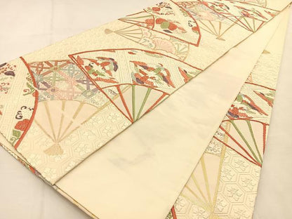 平和屋着物◎六通柄袋帯　唐織　扇面向かい鳥花文　金糸　正絹　逸品　BAAU3329hj