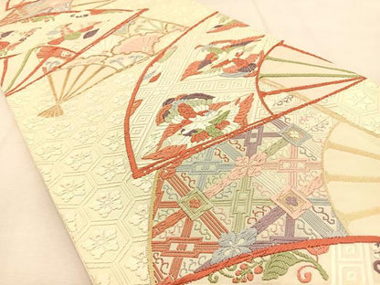 平和屋着物◎六通柄袋帯　唐織　扇面向かい鳥花文　金糸　正絹　逸品　BAAU3329hj