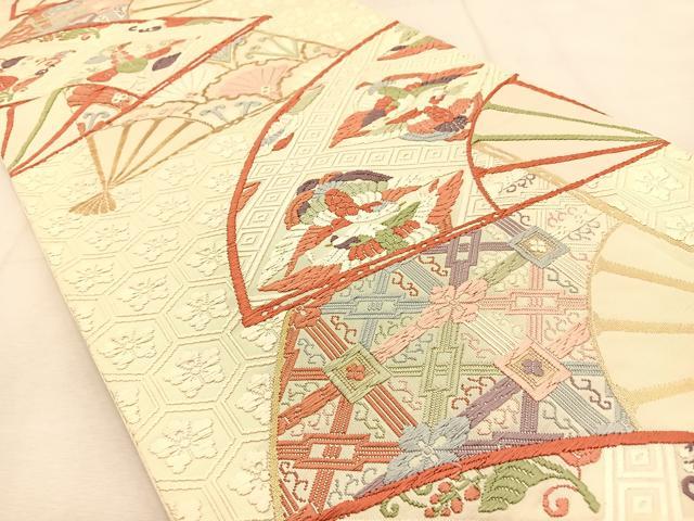 平和屋着物◎六通柄袋帯　唐織　扇面向かい鳥花文　金糸　正絹　逸品　BAAU3329hj