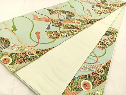 平和屋着物◎六通柄袋帯　唐織　熨斗目　金糸　正絹　逸品　BAAU3330hj
