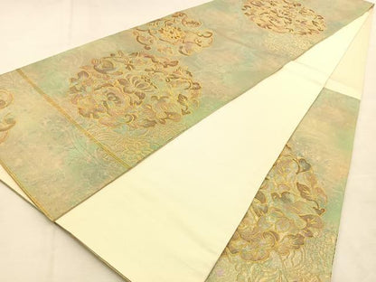 平和屋着物◎六通柄袋帯　ふくれ織　休み鳥花文　金糸　引箔　正絹　逸品　BAAU3337hj