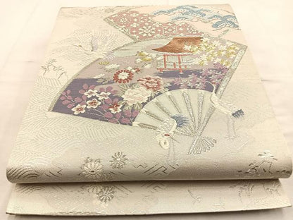 平和屋着物◎六通柄袋帯　唐織　扇面飛鶴風景文　金銀糸　正絹　逸品　BAAU3348hj