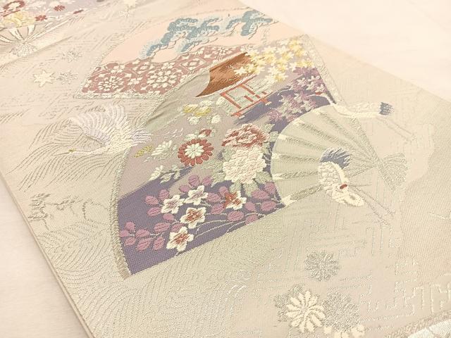 平和屋着物◎六通柄袋帯　唐織　扇面飛鶴風景文　金銀糸　正絹　逸品　BAAU3348hj