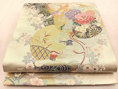 平和屋着物◎六通柄袋帯　唐織　能姿花車苑　金銀糸　正絹　逸品　BAAU3361hj