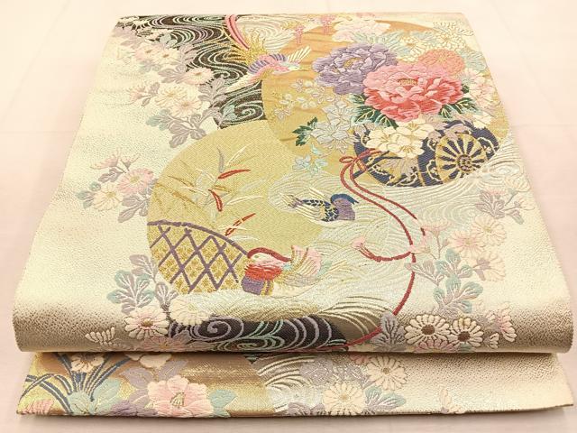 平和屋着物◎六通柄袋帯　唐織　能姿花車苑　金銀糸　正絹　逸品　BAAU3361hj