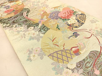 平和屋着物◎六通柄袋帯　唐織　能姿花車苑　金銀糸　正絹　逸品　BAAU3361hj