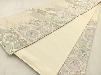 平和屋着物◎六通柄袋帯　唐織　熨斗亀甲花文　銀糸　正絹　逸品　BAAU3363hj