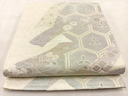 平和屋着物◎六通柄袋帯　唐織　熨斗亀甲花文　銀糸　正絹　逸品　BAAU3363hj