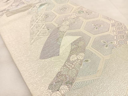 平和屋着物◎六通柄袋帯　唐織　熨斗亀甲花文　銀糸　正絹　逸品　BAAU3363hj
