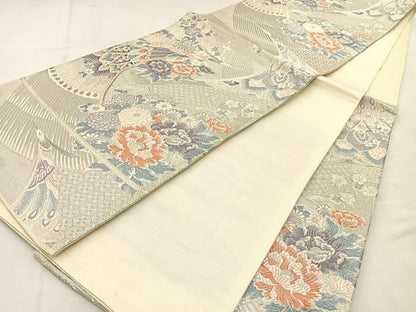 平和屋着物◎六通柄袋帯　唐織　花鳥文　プラチナ本銀二重織　正絹　逸品　BAAU3373hj