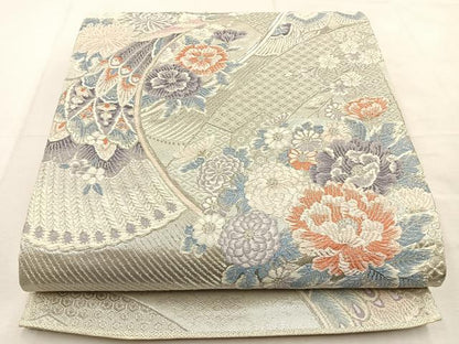 平和屋着物◎六通柄袋帯　唐織　花鳥文　プラチナ本銀二重織　正絹　逸品　BAAU3373hj