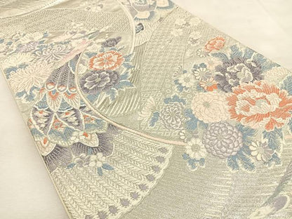 平和屋着物◎六通柄袋帯　唐織　花鳥文　プラチナ本銀二重織　正絹　逸品　BAAU3373hj