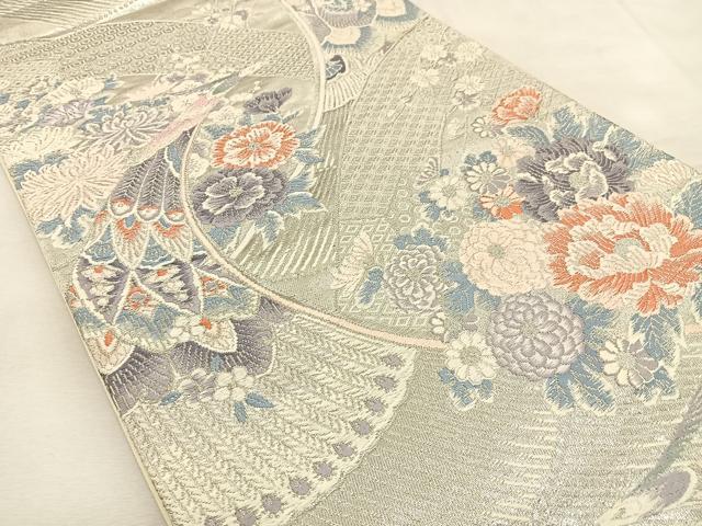平和屋着物◎六通柄袋帯　唐織　花鳥文　プラチナ本銀二重織　正絹　逸品　BAAU3373hj