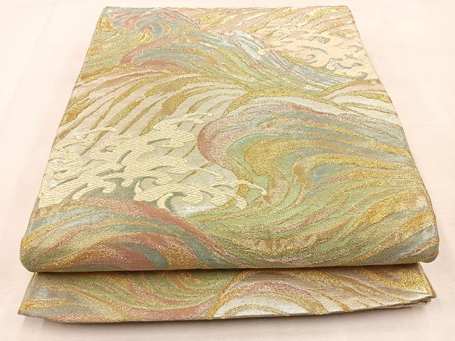 平和屋着物◎六通柄袋帯　唐織　立波文　金銀糸　正絹　逸品　BAAU3378hj