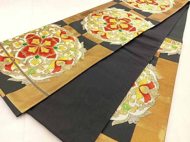 平和屋着物◎六通柄袋帯　唐織　正倉院花文　黒地　金銀糸　正絹　逸品　BAAU3389hj