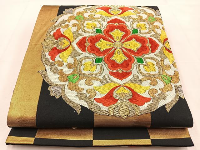 平和屋着物◎六通柄袋帯　唐織　正倉院花文　黒地　金銀糸　正絹　逸品　BAAU3389hj