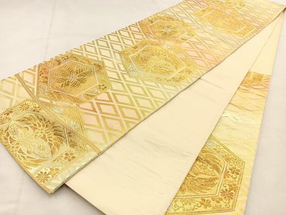 平和屋着物◎六通柄袋帯　亀甲双鶴花文　金銀糸　正絹　逸品　BAAU3395hj