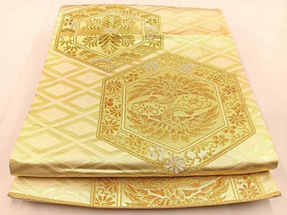 平和屋着物◎六通柄袋帯　亀甲双鶴花文　金銀糸　正絹　逸品　BAAU3395hj