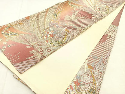 平和屋着物◎六通柄袋帯　唐織　孔雀花文　金銀糸　正絹　逸品　BAAU3396hj