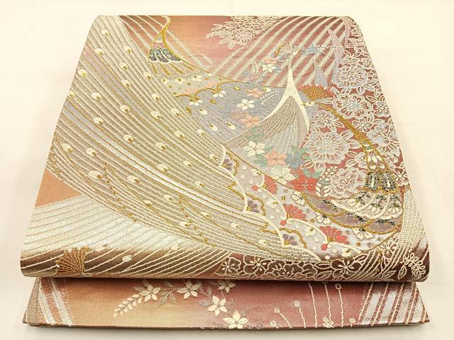 平和屋着物◎六通柄袋帯　唐織　孔雀花文　金銀糸　正絹　逸品　BAAU3396hj