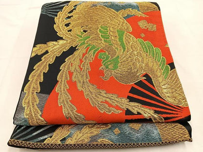 平和屋着物◎六通柄袋帯　扇面鳳凰文　黒地　金銀糸　BAAU3416hj