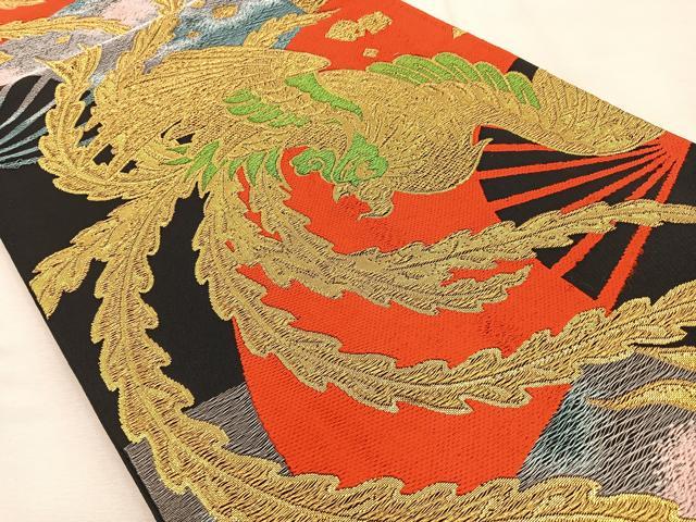 平和屋着物◎六通柄袋帯　扇面鳳凰文　黒地　金銀糸　BAAU3416hj