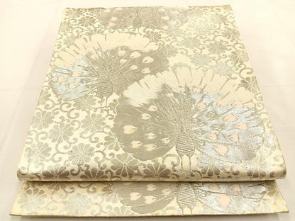 平和屋着物◎六通柄袋帯　孔雀　銀糸　正絹　逸品　BAAU3419hj