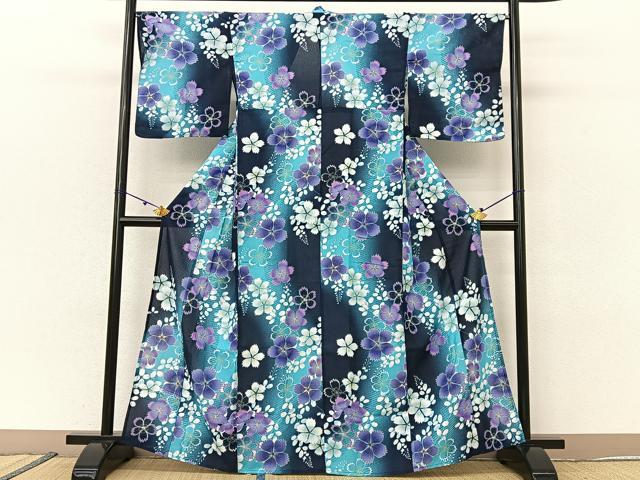 平和屋着物＊夏物 小紋・浴衣兼用 舞桜文 洗える着物 BAAU3421hj
