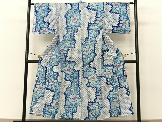 平和屋着物∴夏物 浴衣 有松鳴海絞り 花唐草文 綿 逸品 BAAU3422hj