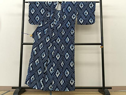 平和屋着物∴夏物　浴衣　有松鳴海絞り　菱文様　綿　逸品　BAAU3423hj