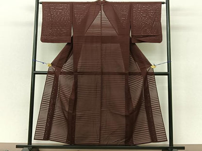 平和屋着物＊夏物 色無地 横縞絞絽 栗皮茶色 正絹 逸品 BAAU3427hj