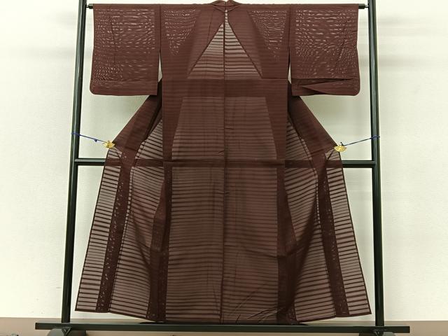 平和屋着物＊夏物 色無地 横縞絞絽 栗皮茶色 正絹 逸品 BAAU3427hj