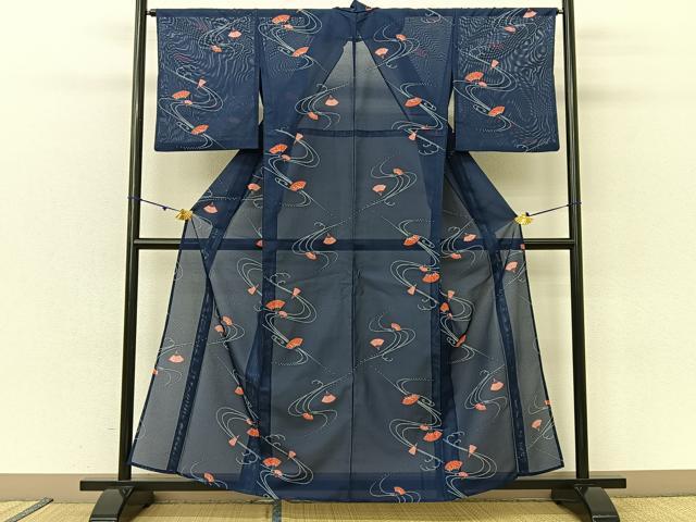 平和屋着物＊夏物　小紋　絽　流水扇面文　洗える着物　BAAU3430hj