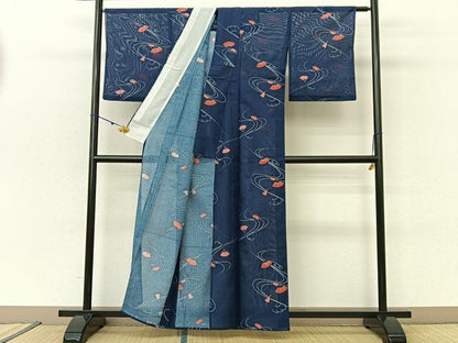 平和屋着物＊夏物　小紋　絽　流水扇面文　洗える着物　BAAU3430hj