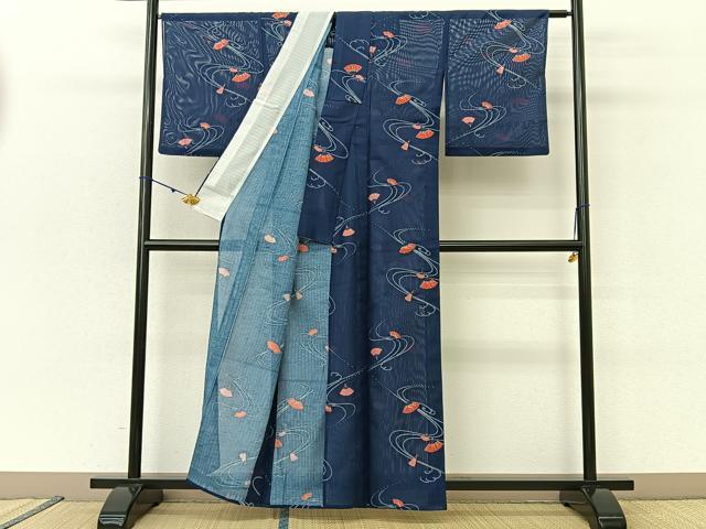 平和屋着物＊夏物　小紋　絽　流水扇面文　洗える着物　BAAU3430hj