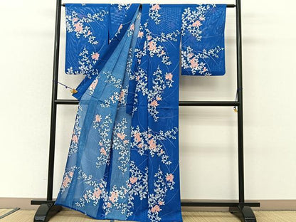平和屋着物＊夏物 小紋 絽 草花文 洗える着物 BAAU3434hj