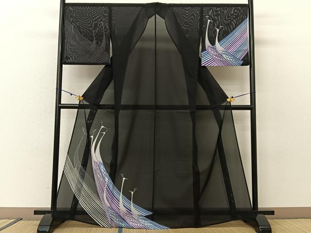 平和屋着物＊夏物 訪問着 絽 孔雀 黒地 洗える着物 BAAU3442hj