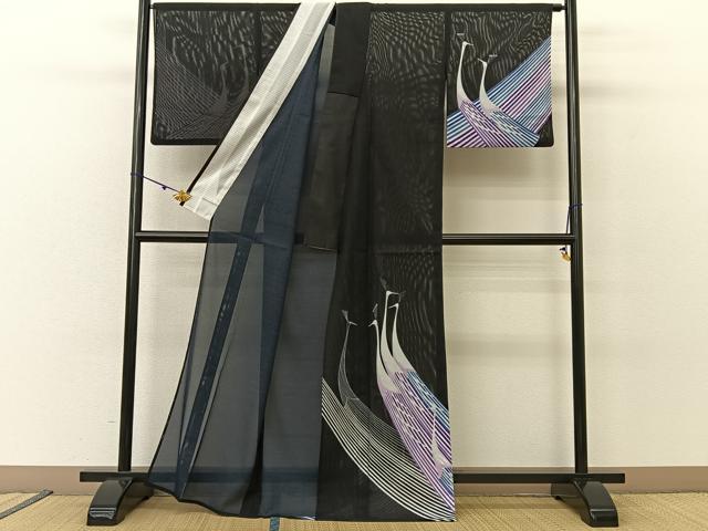 平和屋着物＊夏物 訪問着 絽 孔雀 黒地 洗える着物 BAAU3442hj
