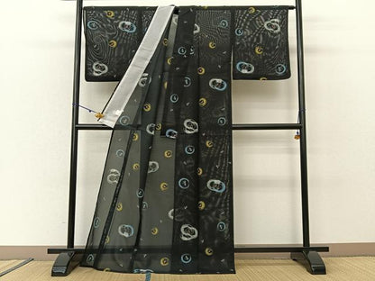 平和屋着物＊夏物 小紋 絽 とんぼ丸文 黒地 洗える着物 BAAU3468hj