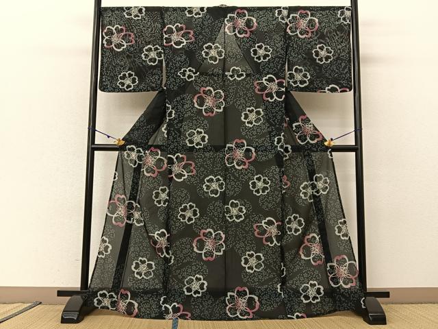 平和屋着物＊夏物 小紋 絽 舞桜文 黒地 洗える着物 BAAU3471hj