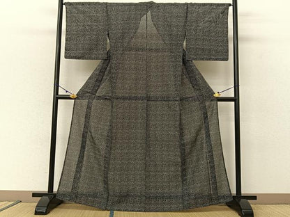 平和屋着物＊夏物 小紋 絽 草葉文 黒地 洗える着物 未使用 BAAU3475hj