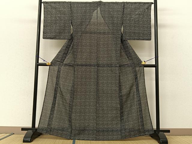 平和屋着物＊夏物 小紋 絽 草葉文 黒地 洗える着物 未使用 BAAU3475hj