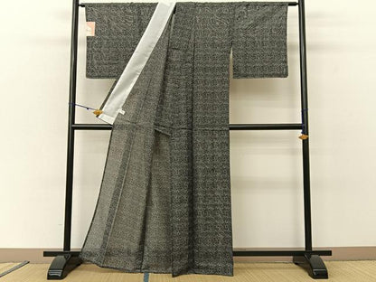 平和屋着物＊夏物 小紋 絽 草葉文 黒地 洗える着物 未使用 BAAU3475hj
