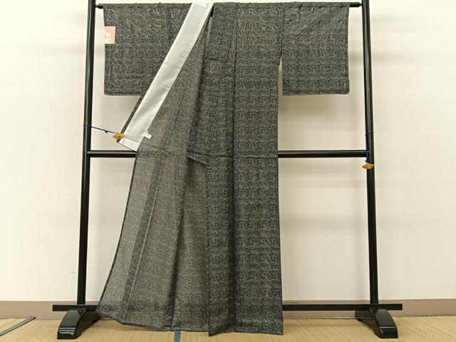 平和屋着物＊夏物 小紋 絽 草葉文 黒地 洗える着物 未使用 BAAU3475hj