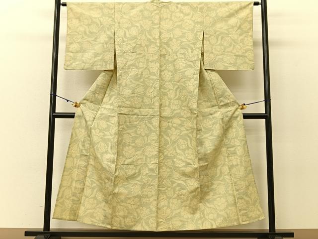 平和屋着物▽上質な紬 単衣 草花文 正絹 逸品 BAAU3492hj